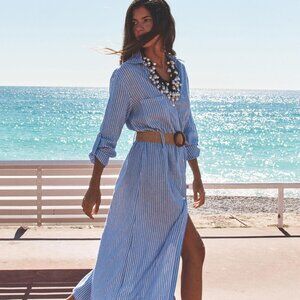 Zara Belted Linen Midi Shirt Dress V-Neck Tab Sleeve Striped Blue White Size XL